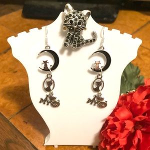Handmade Black I Love My Cat Earrings with Kitty Cat Brooch Pin Jewelry Set